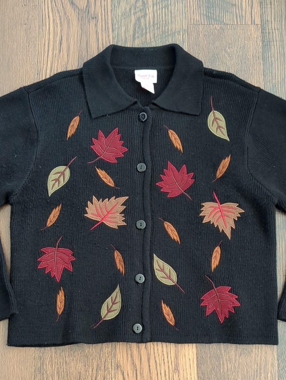 Vintage Crystal Kole Embroidered Autumn Leaves Fall Button Sweater, Size Large P
